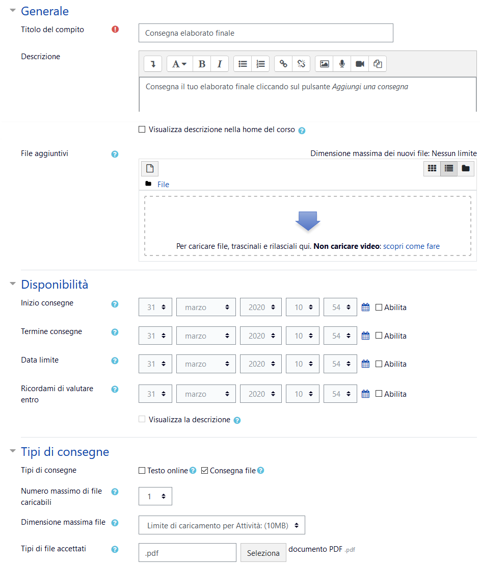 impostazioni compito